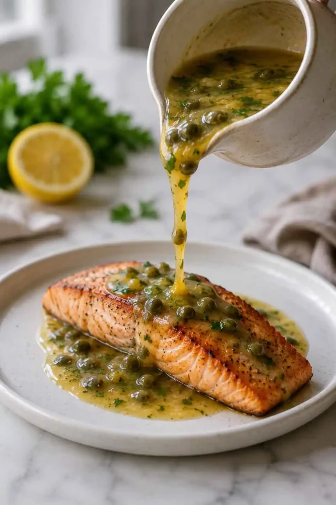 Lemon Caper Sauce Recipe (Ready in 10 Minutes!) 5 Golden lemon caper sauce being poured in a glossy stream over a pan-seared salmon fillet on a white plate