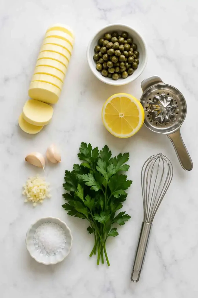Lemon Caper Sauce Recipe (Ready in 10 Minutes!) 2 ingredients for lemon caper sauce recipe arranged on white marble including butter, capers, lemon, garlic, and parsley