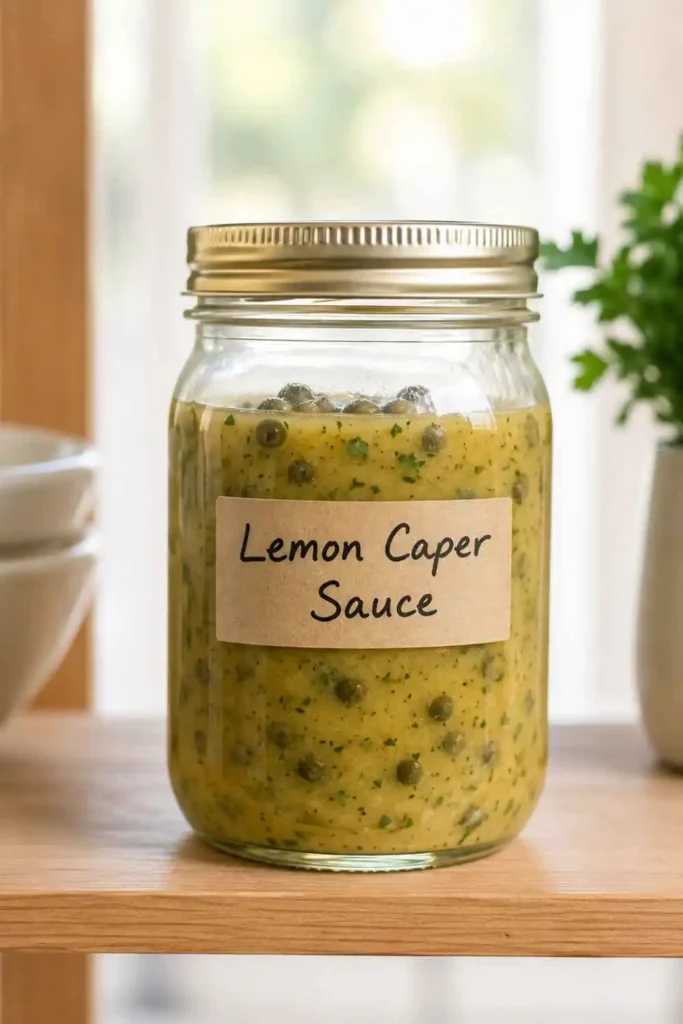 Lemon Caper Sauce Recipe (Ready in 10 Minutes!) 7 Lemon caper sauce stored in a sealed clear glass mason jar with handwritten label on a wood kitchen shelf