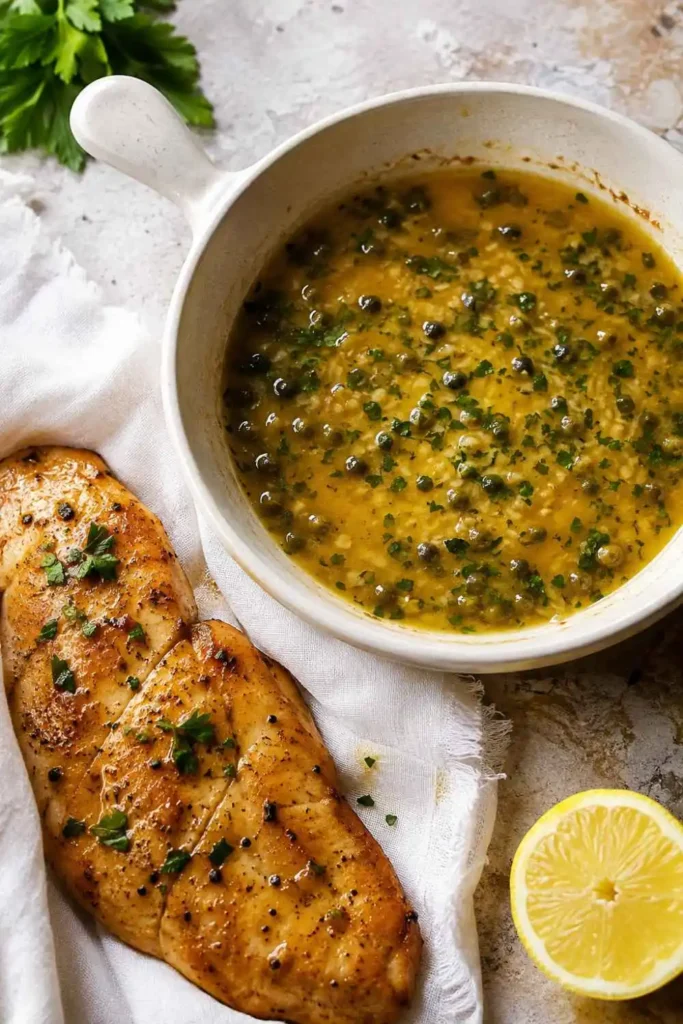 Lemon Caper Sauce Recipe (Ready in 10 Minutes!) 1 Homemade lemon caper sauce in a small white skillet served alongside golden pan-seared chicken cutlet on stone surface