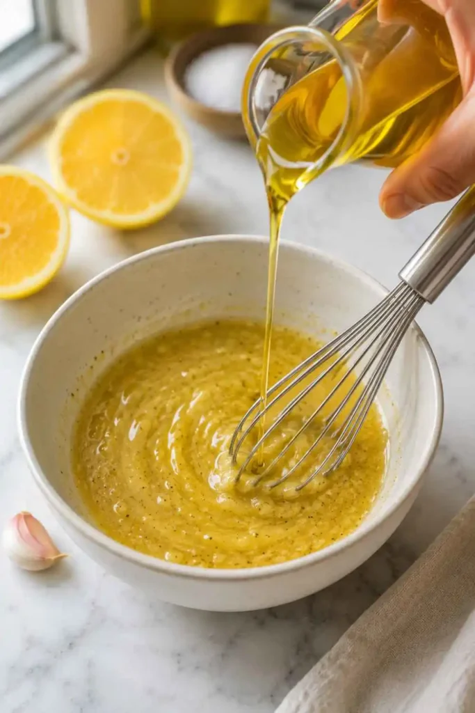 Lemon Garlic Vinaigrette Recipe – Bright, Bold & Done in 5 Minutes 3 Hand whisking lemon garlic vinaigrette in a white bowl while drizzling in olive oil for a perfect emulsification