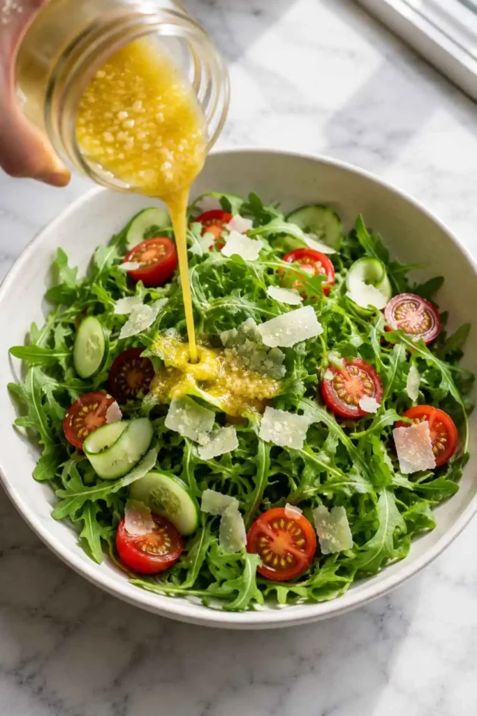 Lemon Garlic Vinaigrette Recipe – Bright, Bold & Done in 5 Minutes 5 Golden lemon garlic vinaigrette being drizzled over a fresh arugula salad with cherry tomatoes and shaved Parmesan