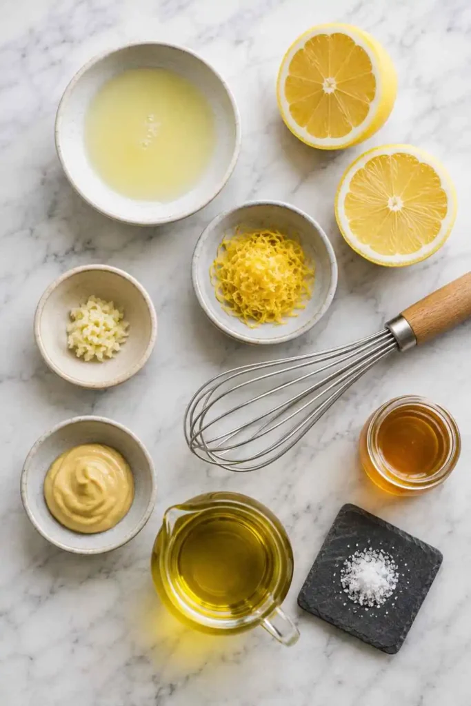 Lemon Garlic Vinaigrette Recipe – Bright, Bold & Done in 5 Minutes 2 Fresh ingredients for lemon garlic vinaigrette arranged on white marble including lemons, garlic, Dijon mustard, and olive oil
