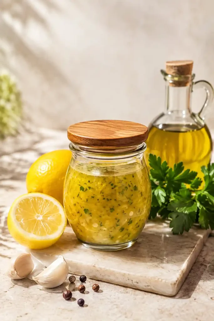 Lemon Garlic Vinaigrette Recipe – Bright, Bold & Done in 5 Minutes 1 Lemon garlic vinaigrette recipe in a glass jar on marble with lemons, garlic, and a green arugula salad