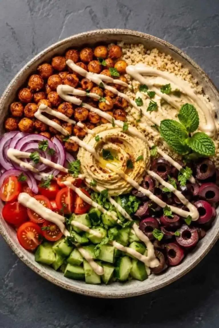 Mediterranean garbanzo bean salad with chickpeas, tomatoes, cucumber, olives, and feta in a white bowl
