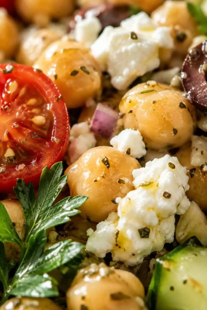 Close-up of Mediterranean garbanzo bean salad showing creamy chickpeas, feta, tomato, and fresh parsley glistening with lemon vinaigrette