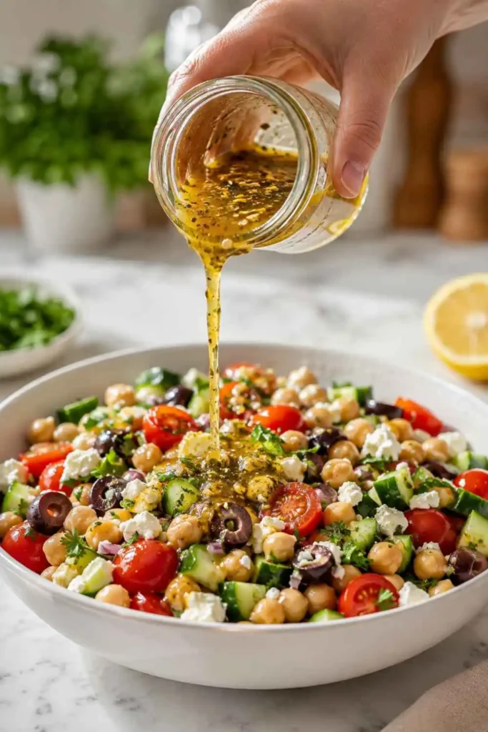 Hand pouring lemon-herb vinaigrette over Mediterranean garbanzo bean salad in large white bowl