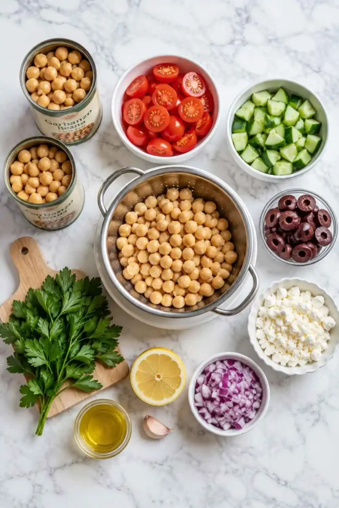 All ingredients for Mediterranean garbanzo bean salad including chickpeas, tomatoes, cucumber, olives, feta, and fresh parsley on marble counter