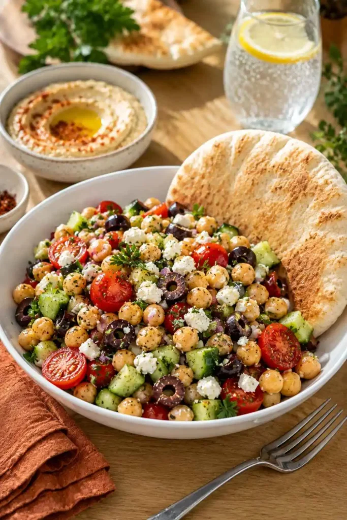 Mediterranean garbanzo bean salad served with warm pita bread and hummus on wood table for a complete Mediterranean lunch