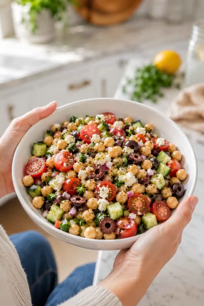 Hands holding a white bowl of colorful Mediterranean garbanzo bean salad ready to eat