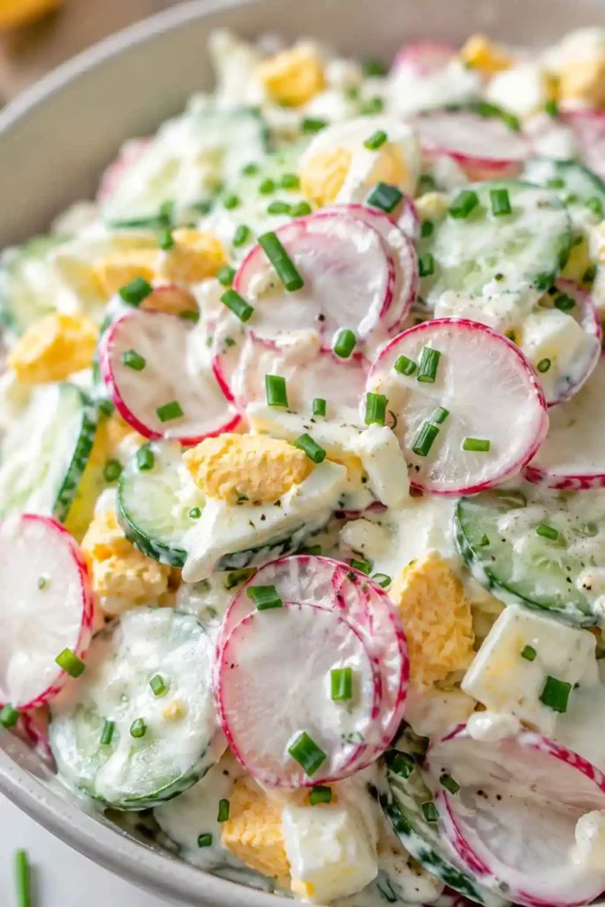 10 Russian Salad Recipe Ideas for Fresh & Easy Meals 11 Thinly sliced red radishes and green cucumbers mixed with boiled eggs in a creamy sour cream dressing.