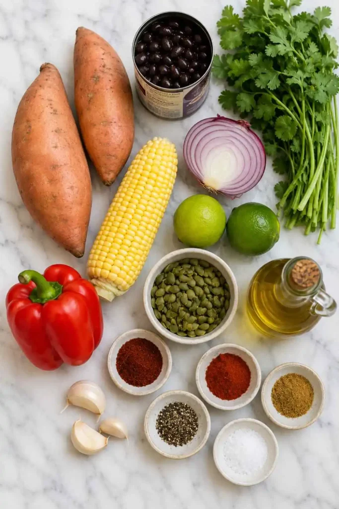 Roasted Sweet Potato Black Bean Salad (Easy, Healthy & Ready in 45 Minutes!) 2 Ingredients for roasted sweet potato black bean salad with corn including sweet potatoes, black beans, cilantro, lime, and spices on white marble