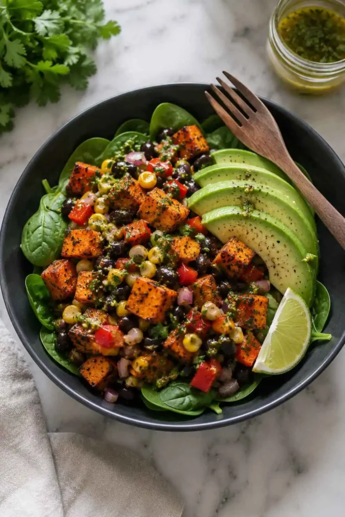 Roasted Sweet Potato Black Bean Salad (Easy, Healthy & Ready in 45 Minutes!) 5 Roasted sweet potato black bean salad served over baby spinach with avocado as a healthy salad for lunch in a charcoal bowl