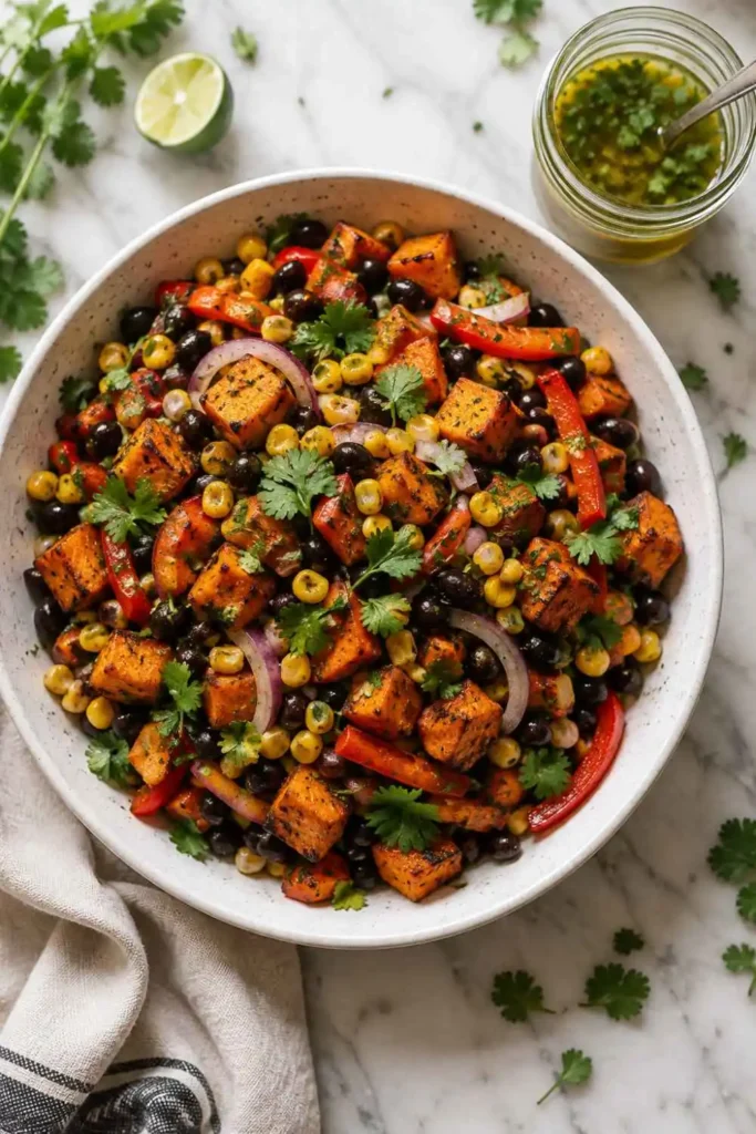 Roasted Sweet Potato Black Bean Salad (Easy, Healthy & Ready in 45 Minutes!) 1 Roasted sweet potato black bean salad recipe with corn in a white bowl – easy healthy salad for lunch or meal prep