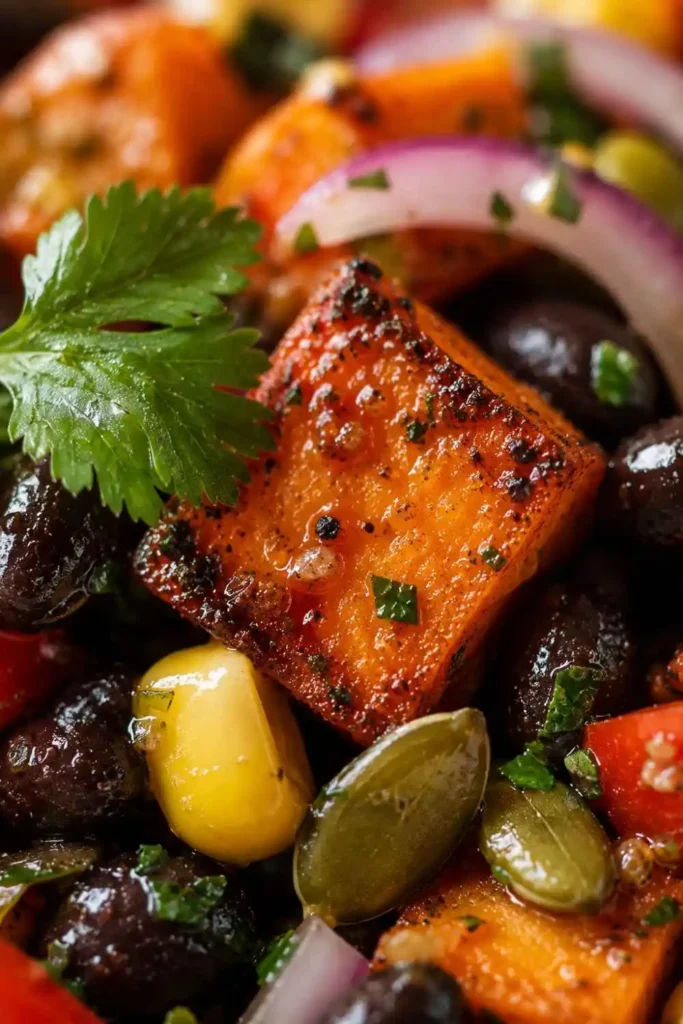 Roasted Sweet Potato Black Bean Salad (Easy, Healthy & Ready in 45 Minutes!) 4 Close-up of caramelized roasted sweet potato black bean salad showing golden edges, black beans, corn and pepitas