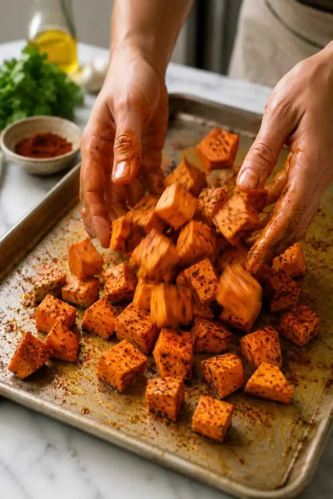 Roasted Sweet Potato Black Bean Salad (Easy, Healthy & Ready in 45 Minutes!) 3 Hands tossing sweet potato cubes with olive oil, chili powder and smoked paprika on a baking sheet for roasted sweet potato black bean salad