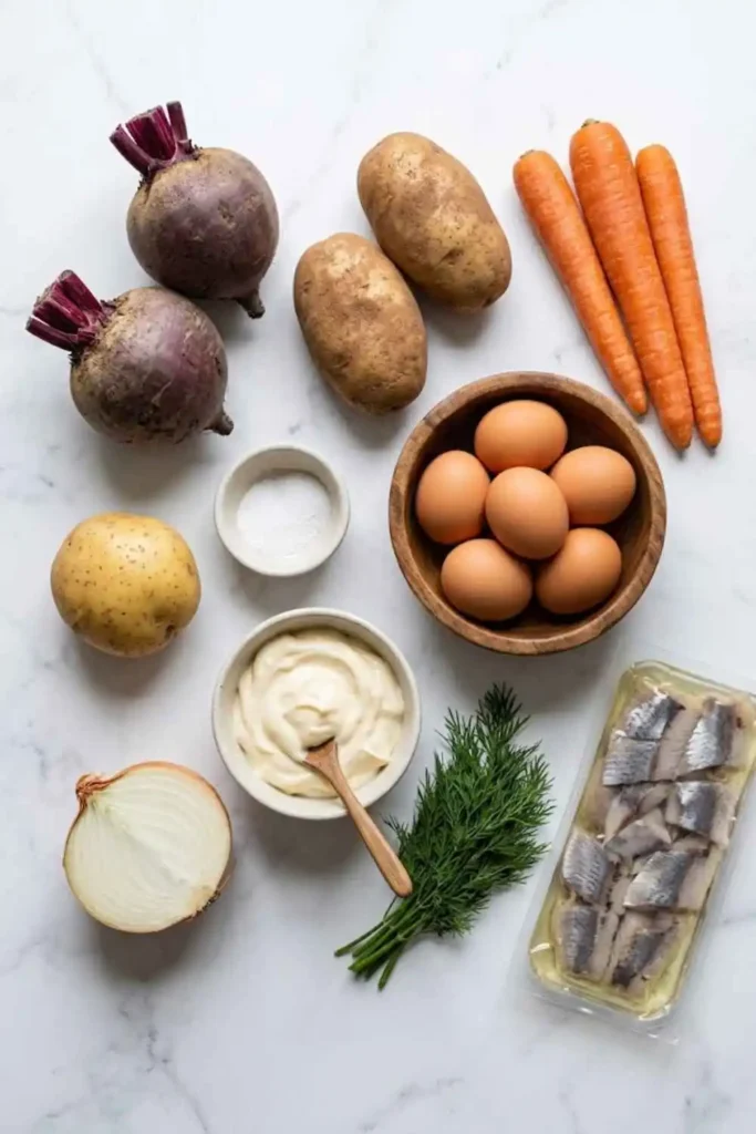 Russian Shuba Salad: Authentic Herring Under a Fur Coat Recipe 2 All ingredients for Russian Shuba Salad including beets, herring, potatoes, carrots, eggs, onion, and mayonnaise on white marble