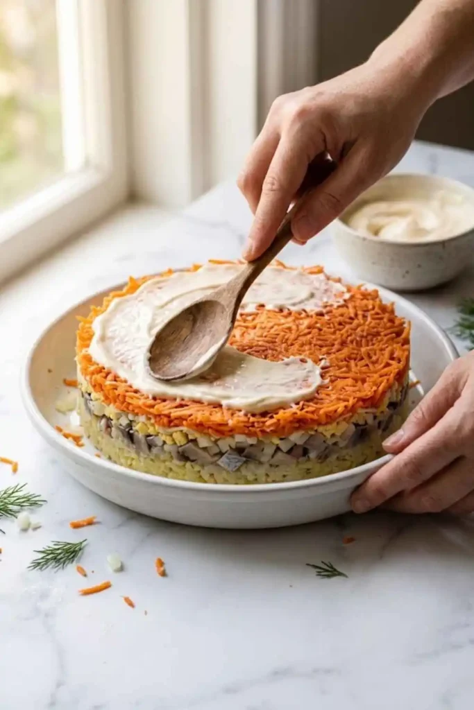 Russian Shuba Salad: Authentic Herring Under a Fur Coat Recipe 3 Hand spreading mayonnaise over carrot layer while assembling Russian Shuba Salad with all ingredient bowls arranged around the dish