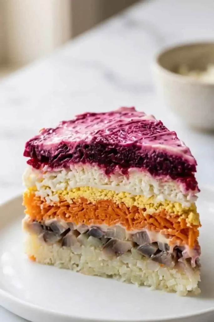 Russian Shuba Salad: Authentic Herring Under a Fur Coat Recipe 4 Close-up of Russian Shuba Salad cross-section showing all seven distinct layers including beet, egg, carrot, herring, and potato with mayo