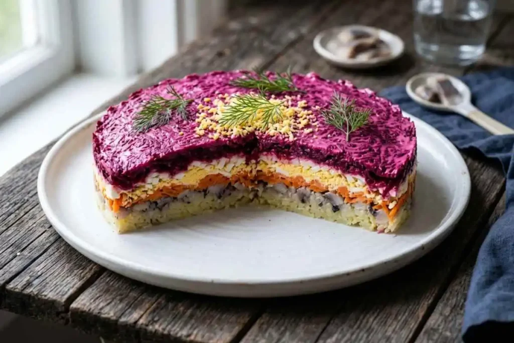 Russian Shuba Salad: Authentic Herring Under a Fur Coat Recipe 1 Russian Shuba Salad on white platter showing vibrant beet top layer with dill garnish and layered cross-section