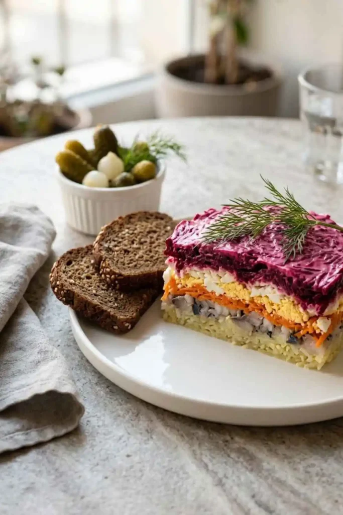 Russian Shuba Salad: Authentic Herring Under a Fur Coat Recipe 5 Russian Shuba Salad served on white plate with dark rye bread slices, cornichons, and fresh dill garnish on grey stone table
