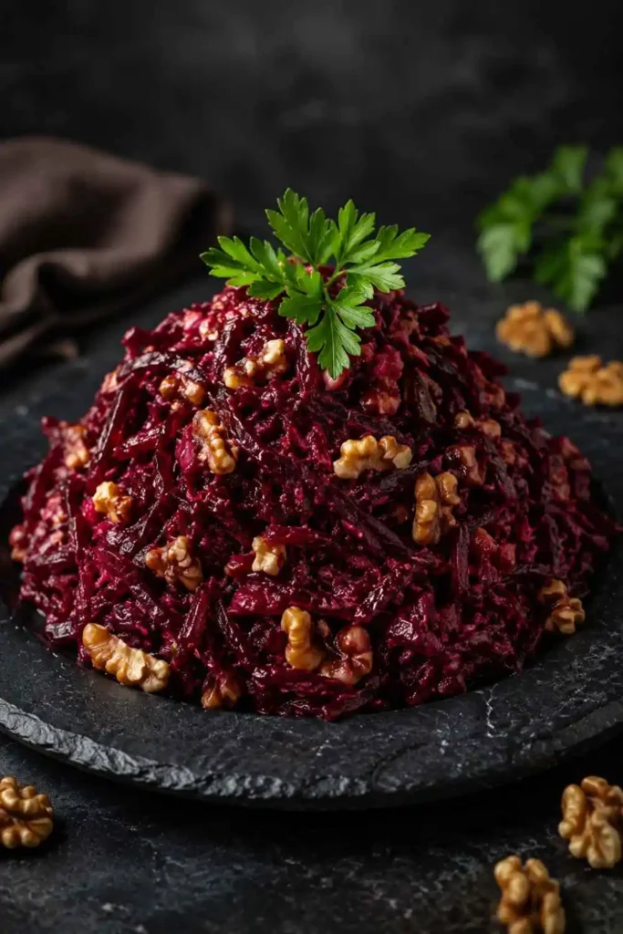 10 Russian Salad Recipe Ideas for Fresh & Easy Meals 7 Grated purple beet salad mixed with crushed walnuts and garlic served elegantly on a dark slate plate.
