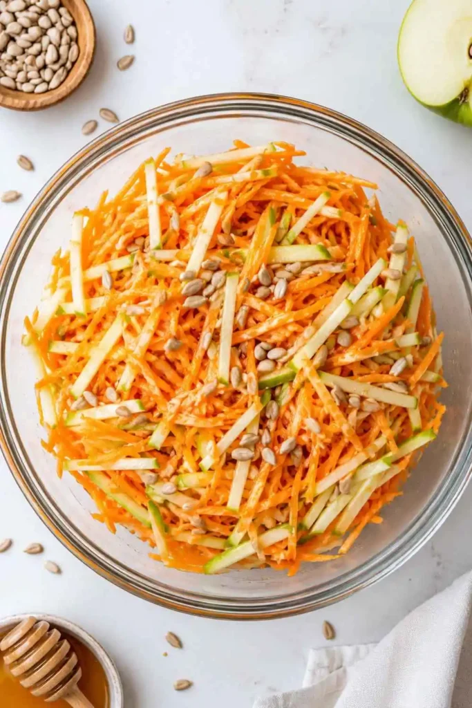 10 Russian Salad Recipe Ideas for Fresh & Easy Meals 10 A healthy salad of finely shredded raw carrots and tart green apples drizzled with honey in a clear glass bowl.