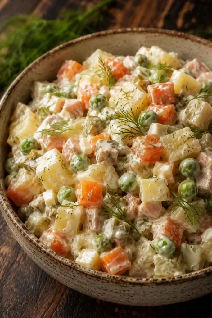 10 Russian Salad Recipe Ideas for Fresh & Easy Meals 2 Authentic Russian Olivier salad in a rustic ceramic bowl with finely diced potatoes, carrots, green peas, and fresh dill garnish.