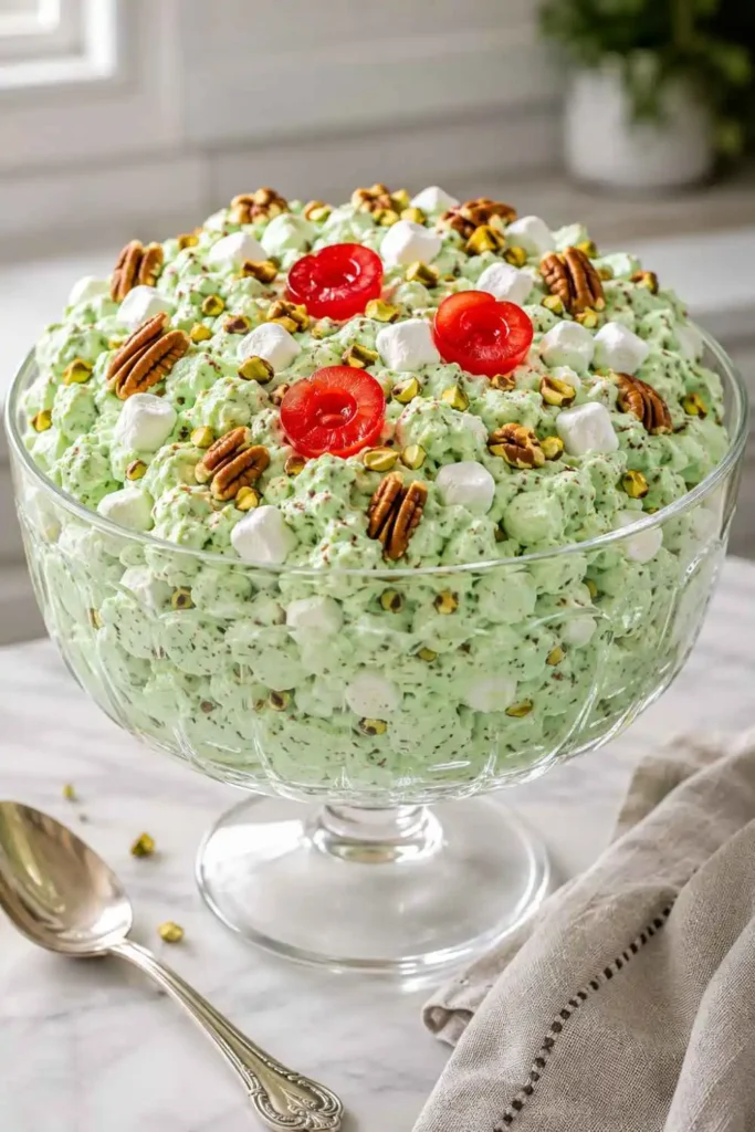 Creamy Watergate salad recipe in clear glass bowl with maraschino cherries and pecans on marble counter