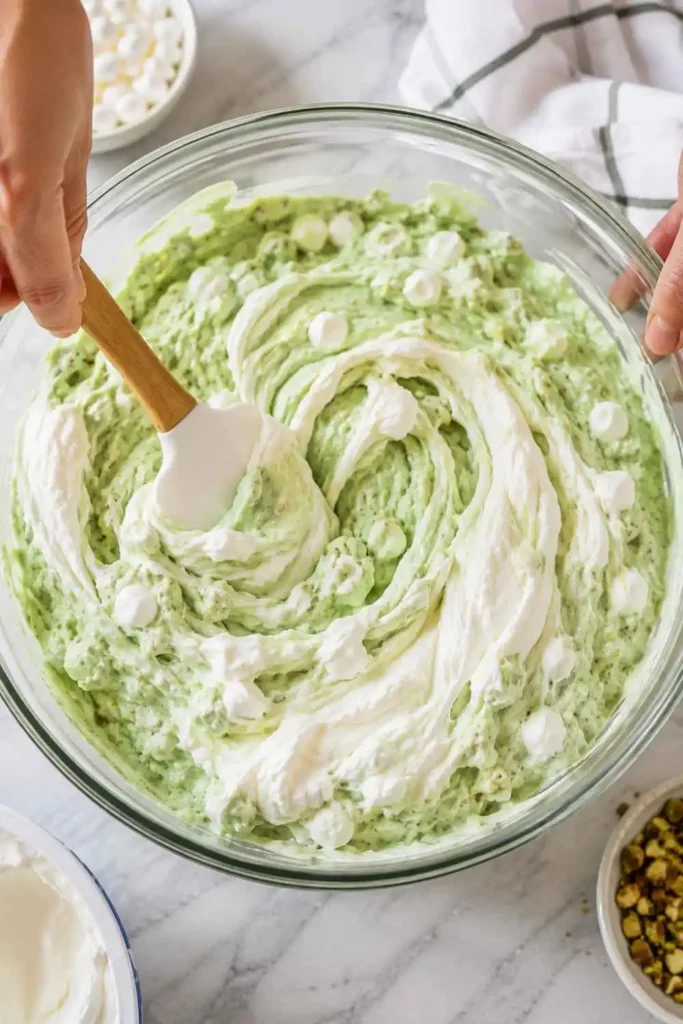Rubber spatula folding Cool Whip into green pistachio pudding mixture in glass bowl for Watergate salad recipe