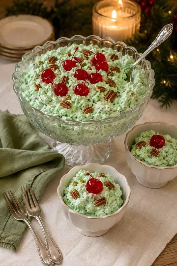 Watergate salad recipe in glass trifle bowl with individual dessert cups on holiday table setting