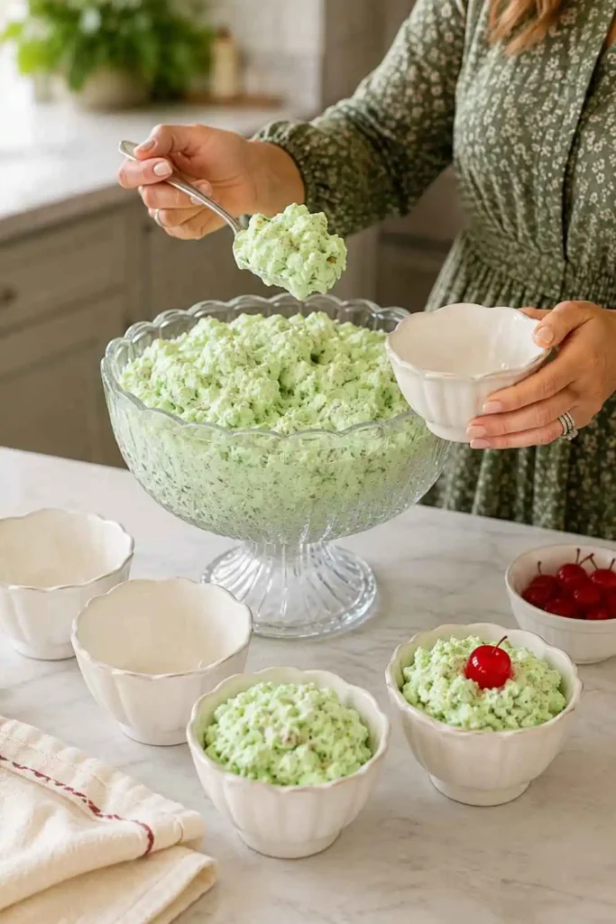 Person spooning Watergate salad recipe into white dessert cups from glass trifle bowl for holiday gathering